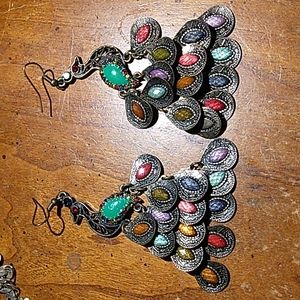 Vintage Brass Colorful Peacock earrings beautiful in excellent shape